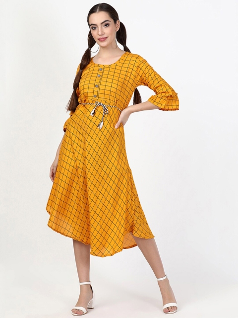 

V2 Value & Variety Women Mustard Yellow Checked Flared Sleeves Kurti