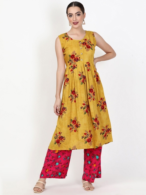 

V2 Value & Variety Yellow Floral Printed Sequinned Empire Kurti