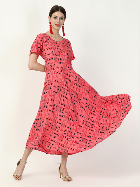 

V2 Value & Variety Pink & Black Ethnic Motifs Ethnic A-Line Maxi Dress