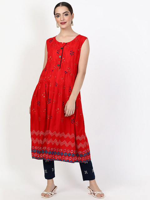 

V2 Value & Variety Women Red & Blue Ethnic Motifs Printed Kurta