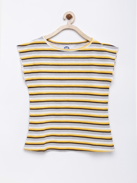 YK Girls Grey Melange & Yellow Striped Round Neck T-shirt available at myntra for Rs.164
