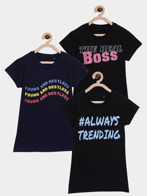 

SayItLoud Girls Black & Blue Set Of 3 Typography Printed Pure Cotton T-shirt