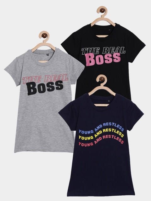 

SayItLoud Girls Pack of 3 Printed Cotton T-shirts, Black