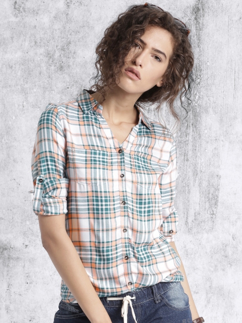 

Roadster Women Green & Peach Slim Fit Checked Shirt