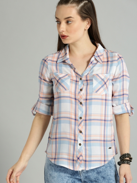 

Roadster Women White & Blue Slim Fit Checked Casual Shirt