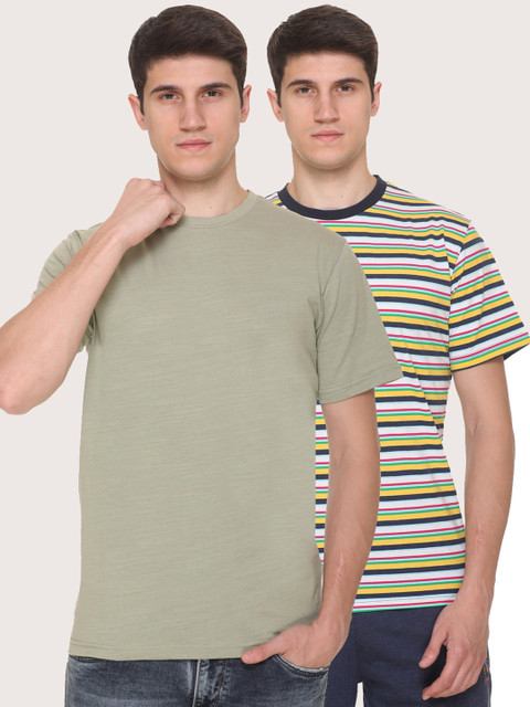 

Obaan Men Green 2 Striped V-Neck Pockets T-shirt
