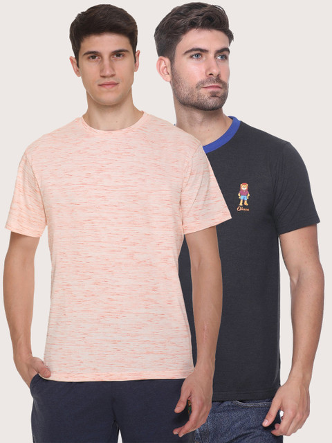 

Obaan Men Orange 2 Colourblocked V-Neck Applique T-shirt