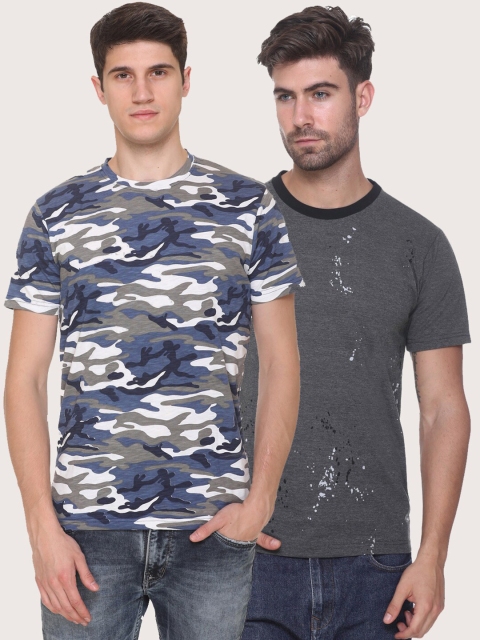 

Obaan Men Blue Camouflage 2 Printed Raw Edge T-shirt