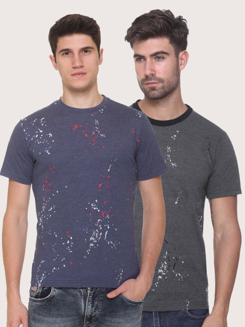 

Obaan Men Blue 2 Printed Raw Edge T-shirt