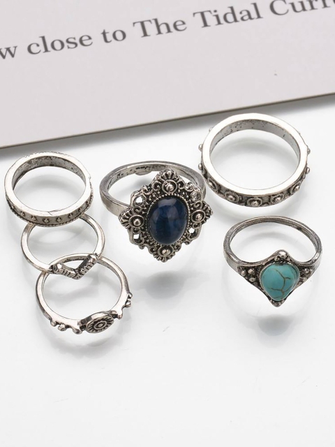 

KACY Set Of 6 Silver-Toned Blue Stone-Studded Boho Finger Ring