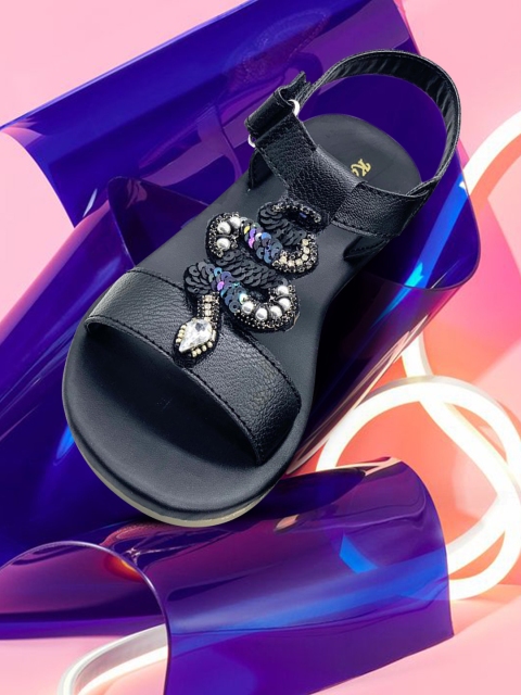 

KazarMax Girls Black Embellished Open Toe Flats