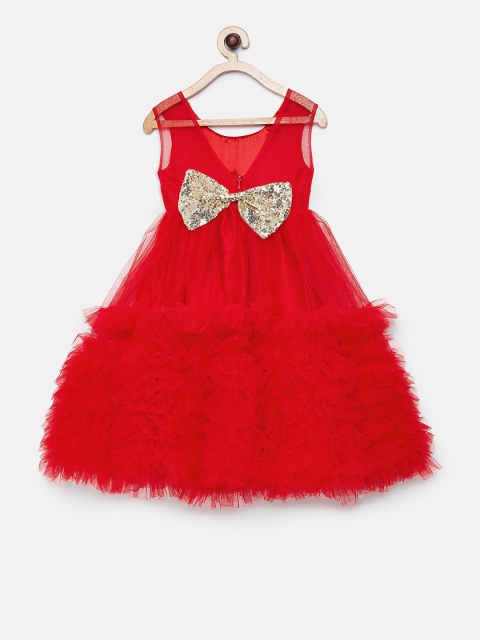 

Barbie by Many Frocks & Girls Red Net Ruffled Fit & Flare Midi Dress