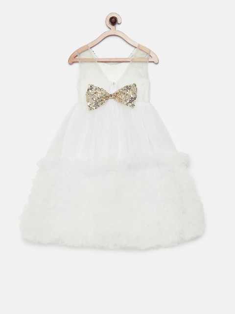 

Barbie by Many Frocks & White Embellished Net Fit & Flare Dress With Bow Detail