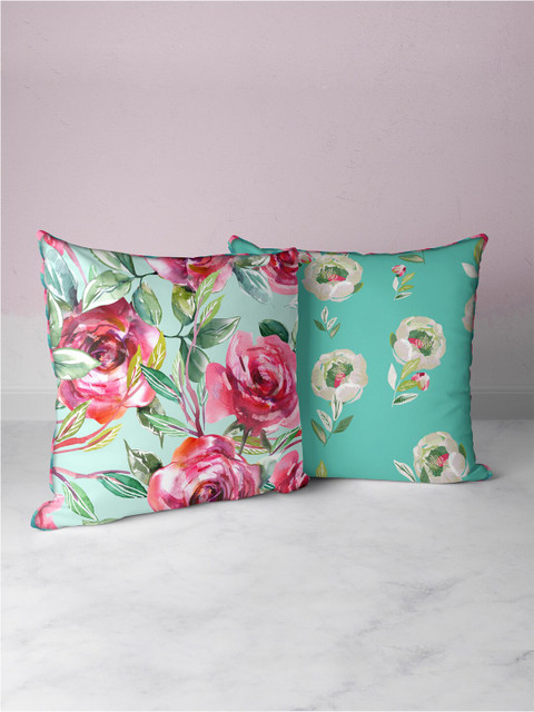 

BIANCA Coral & Teal Set of 2 Floral Printed Square Cushion Covers