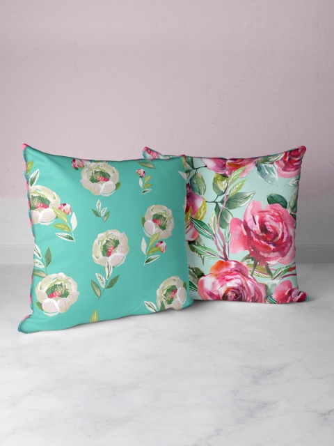 

BIANCA Coral & Green Set of 2 Floral Square Cushion Covers