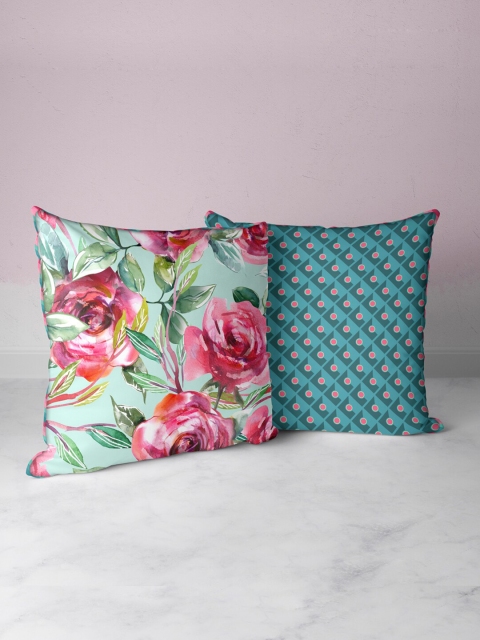 

BIANCA Set Of 2 Teal Blue & Coral Floral Digital Printed Square Cushion Covers