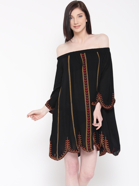 

FOREVER 21 Women Black Embroidered Off-Shoulder A-Line Dress