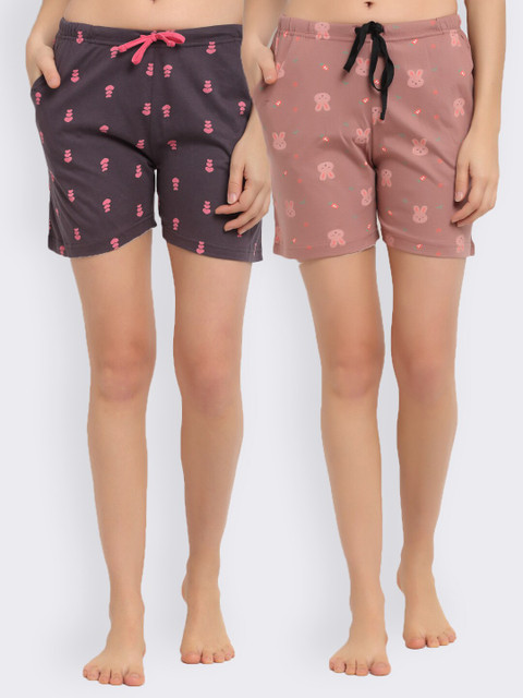 

Kanvin Women Purple & Brown Set Of 2 Printed Lounge Shorts
