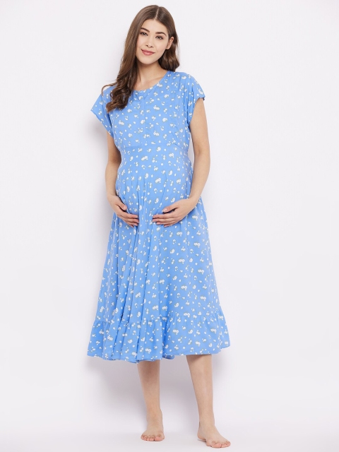 

Hypernation Blue Printed Maternity Maxi Nightdress