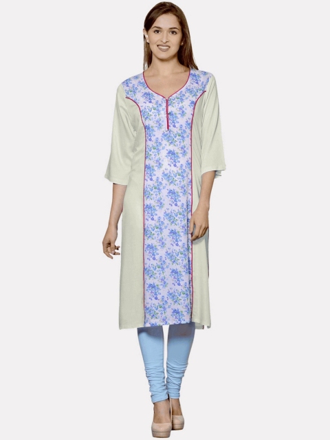 

KALINI Women Off White Ethnic Motifs Yoke Design Thread Work Block Print Kurta