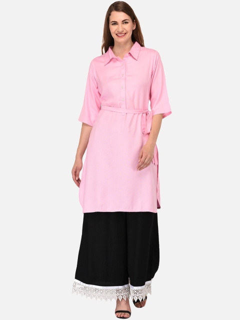 

KALINI Women Pink Flared Sleeves Thread Work Belted Detail Pathani Kurta
