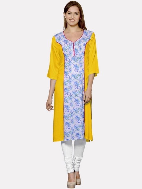 

KALINI Women Mustard Yellow Ethnic Motifs Printed Mirror Work Block Print Kurta