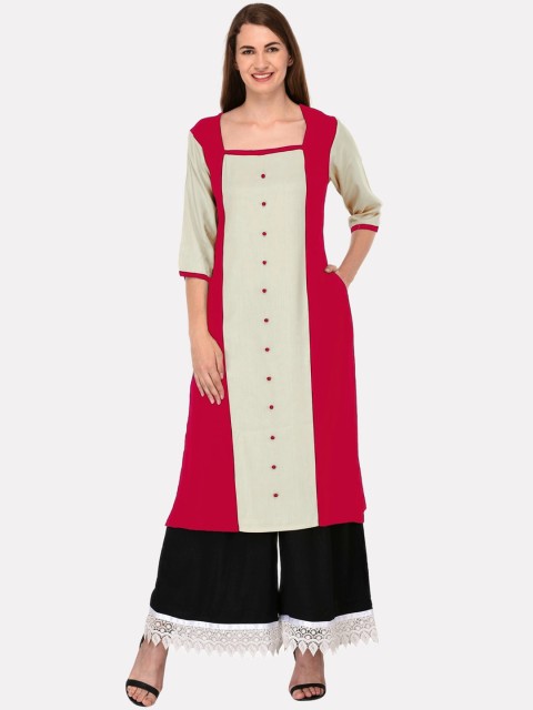 

KALINI Women Fuchsia Colourblocked Mirror Work Tiering Kurta