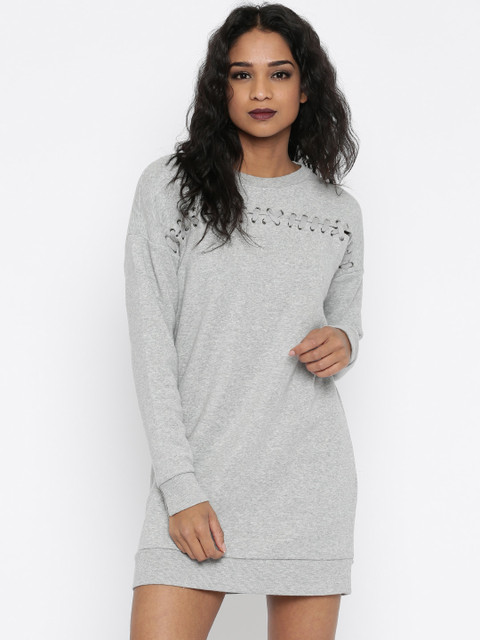 

FOREVER 21 Women Grey Melange Solid T-shirt Dress