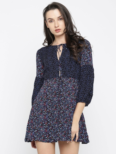 

FOREVER 21 Women Black & Blue Printed Fit & Flare Dress