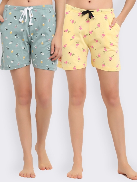 

Kanvin Women Yellow & Sea Green 2 Cotton Printed Lounge Shorts