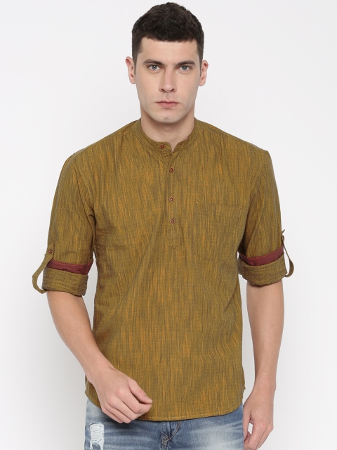 

PIVOTO Men Mustard Yellow Woven Design Straight Kurta