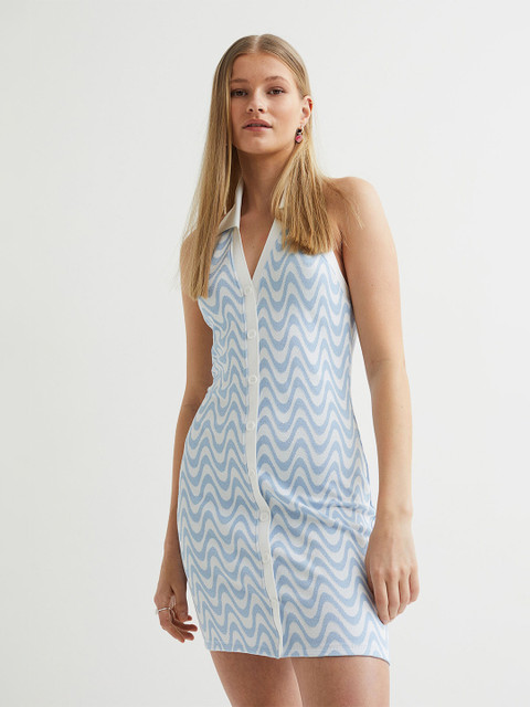 

H&M Women Blue Knitted Halterneck Dress
