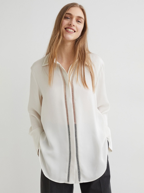 

H&M Women White Lace-trimmed satin shirt