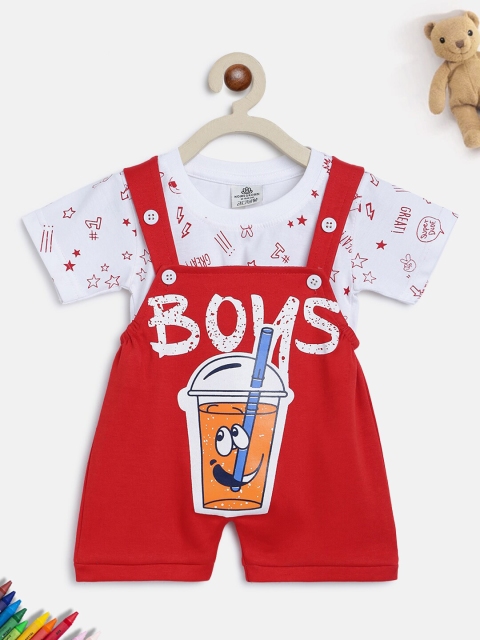 

HOMEGROWN Boys Red & White Printed Pure Cotton Dungarees