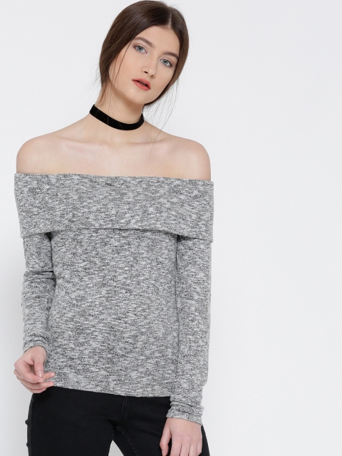 

FOREVER 21 Women Grey Melange Off-Shoulder Solid Top