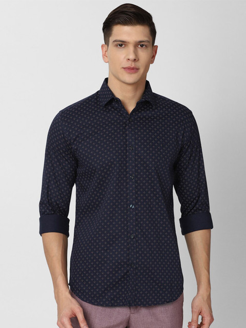 

V Dot Men Navy Blue & Beige Slim Fit Printed Pure Cotton Casual Shirt