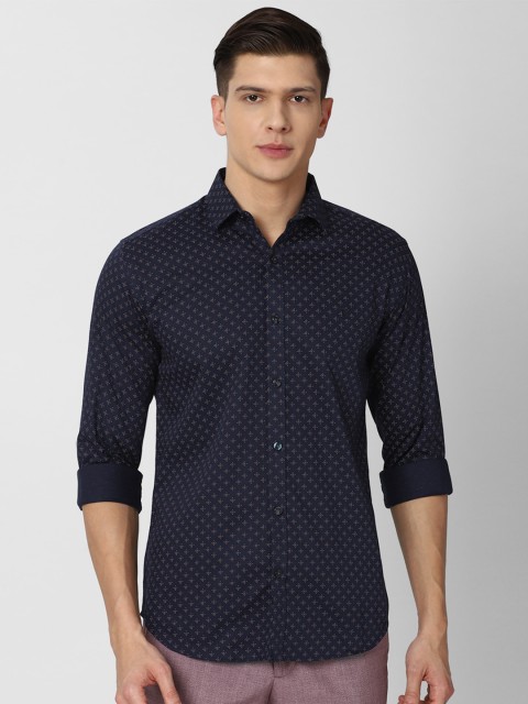 

V Dot Men Navy Blue Slim Fit Printed Pure Cotton Casual Shirt
