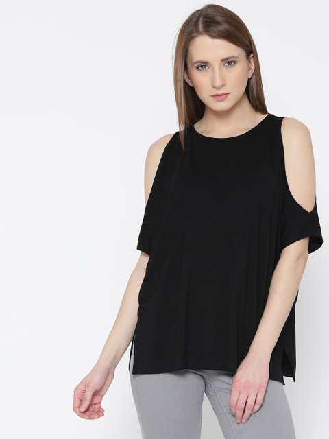 

FOREVER 21 Women Black Solid Cold Shoulder Longline Top