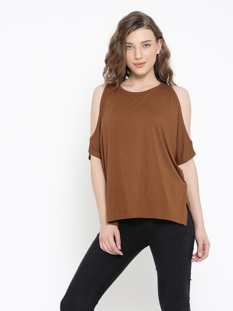

FOREVER 21 Women Mustard Brown Solid Cold Shoulder Top