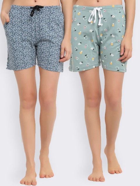 

Kanvin Women Sea Green & Blue Pack of 2 Printed Lounge Shorts