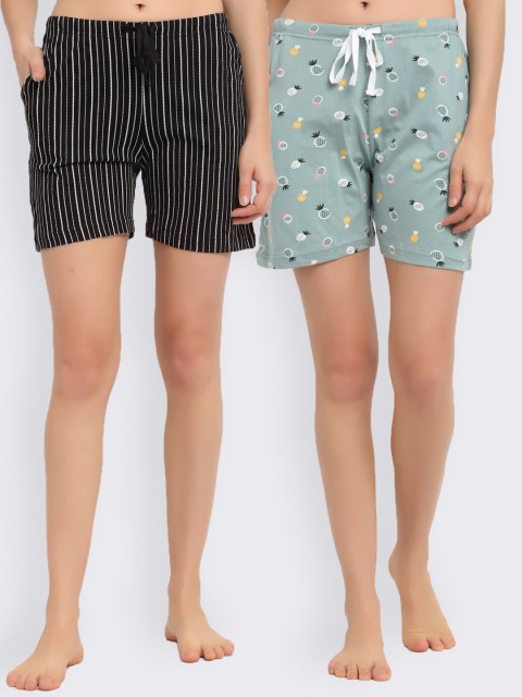

Kanvin Women Pack Of 2 Sea Green & Black Printed Lounge Shorts