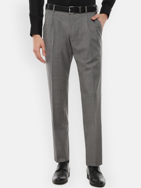 

Louis Philippe Gods & Kings Men Grey Textured Checked Pleated Trousers
