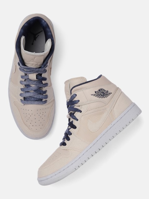 

Nike Women Off White Air Jordan 1 Mid-Top Leather Basketball Shoes