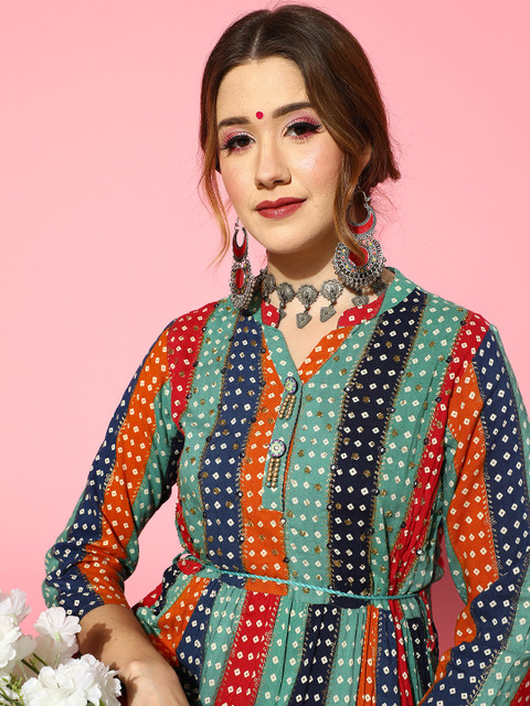 

ZOLA Women Multi-Coloured Ethnic Motifs Swirling Volume Dress