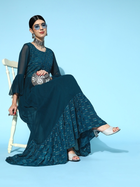 

ZOLA Teal Embroidered Georgette Ethnic Maxi Dress