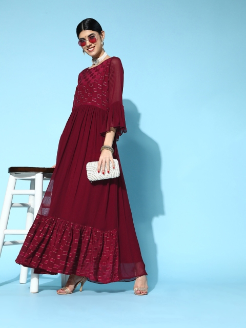 

ZOLA Maroon Embroidered Georgette Ethnic Maxi Dress