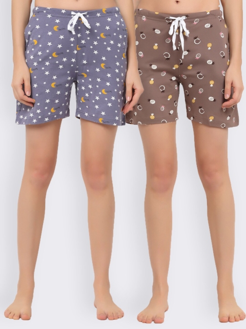 

Kanvin Women Brown & Purple 2 Cotton Printed Lounge Shorts