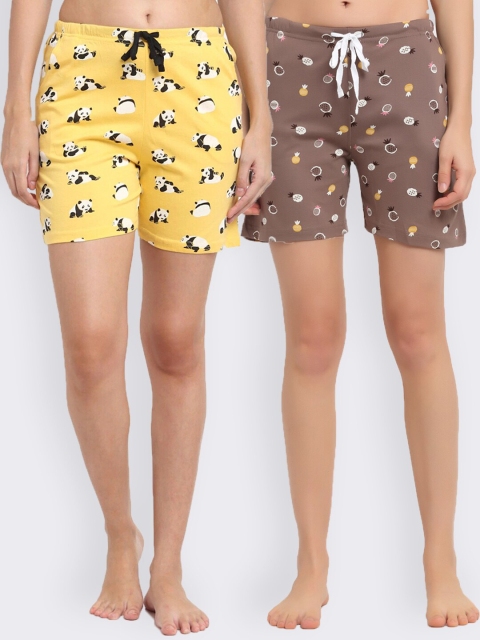 

Kanvin Women Khaki & Yellow Set of 2 Printed Lounge Shorts