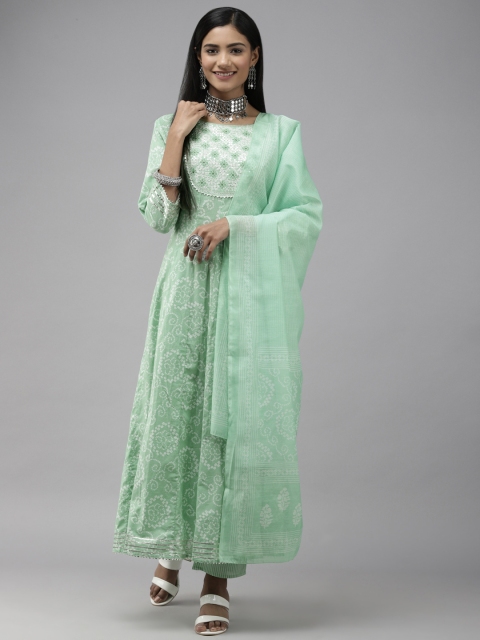 

Yufta Women Green Ethnic Motifs Printed Panelled Pure Cotton Kurta Set