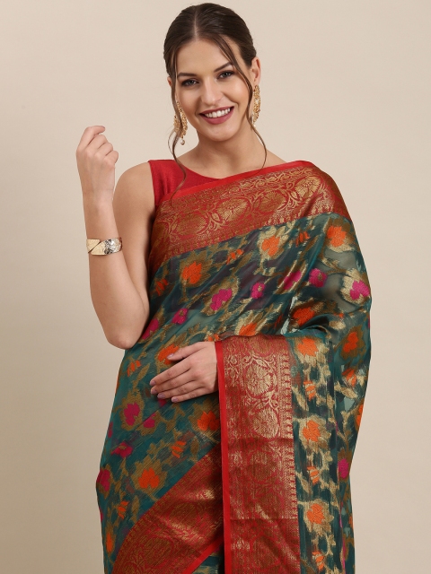 

PERFECTBLUE Blue & Red Ethnic Motifs Art Silk Kanjeevaram Saree